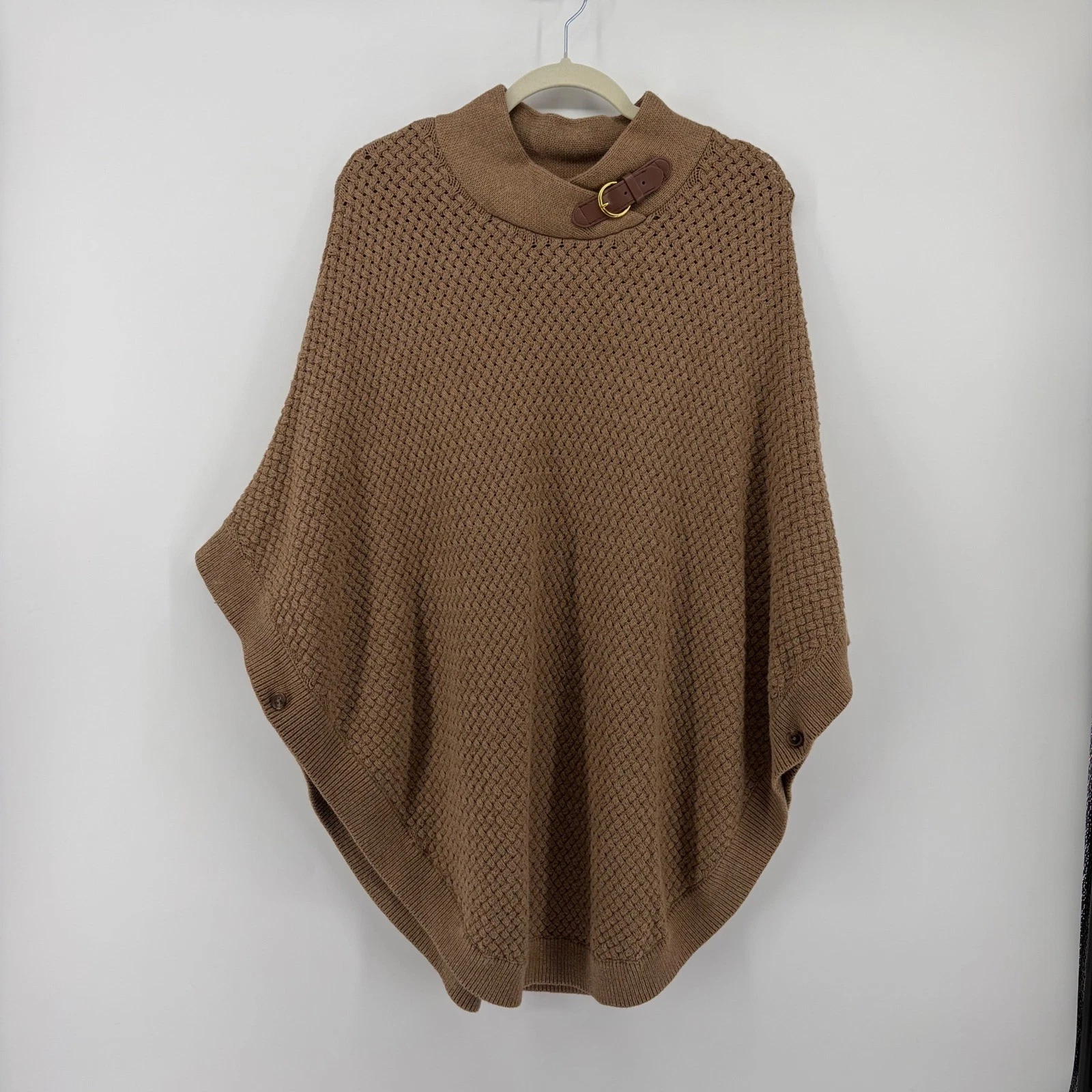 Banana Republic Womens L Brown Knit Poncho Mock Neck Leather Buckle Basketweave