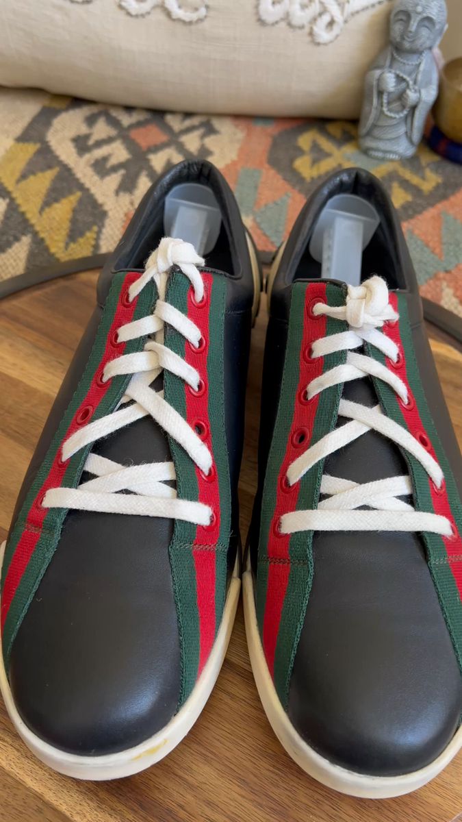 Gucci Black Leather Sneakers with Red & Green Web Band Gucci Ace Sneaker – Black GG Embossed Leather with Green  main image 3