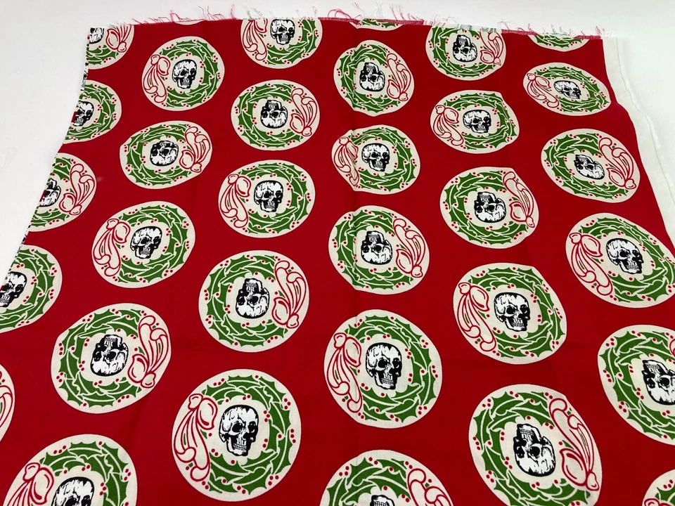 Lot Gothic Christmas Skulls Wreaths Red & Black Goth Holiday 1 yd Strips Scraps - Image 2 of 4