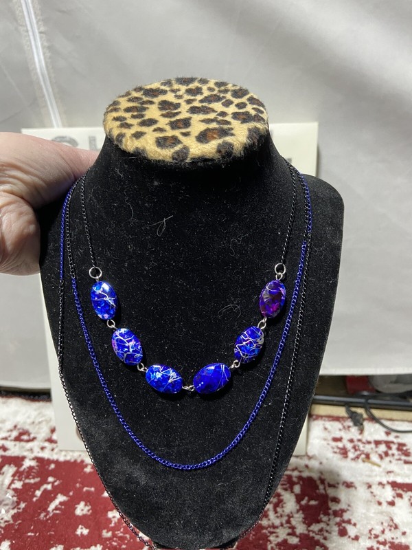 Retro Inspired Necklace, & Pierced Earrings, Layered Black With Blue Beads