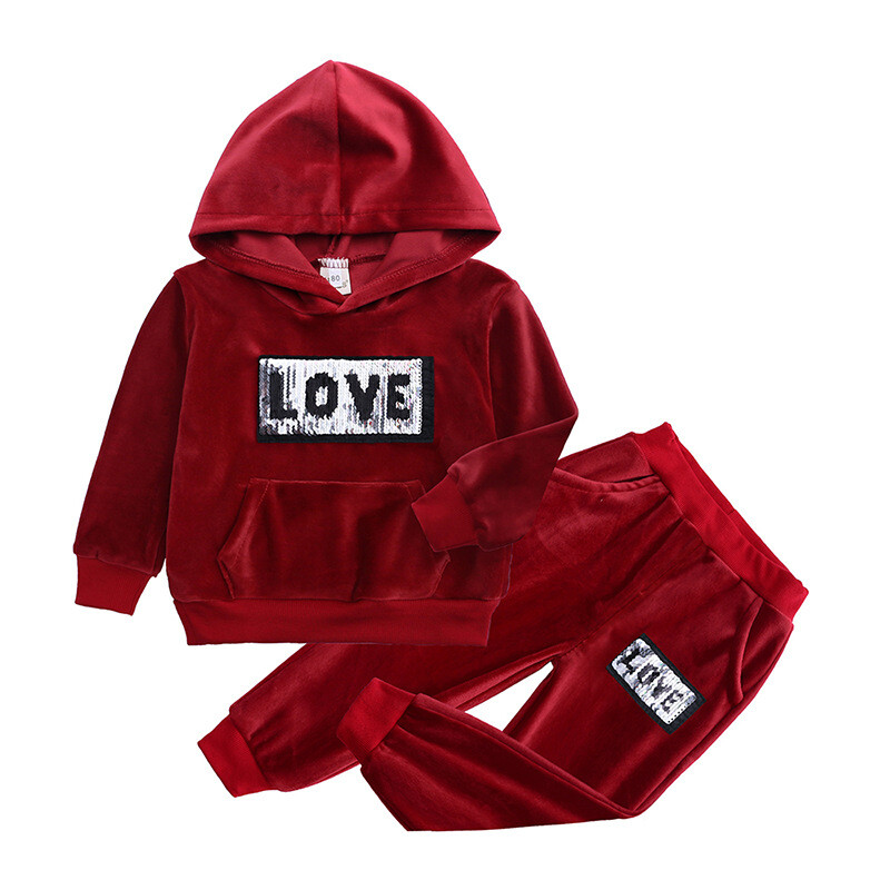Kid Girls Boys Sequin Sweatshirt Outfit Hooded Top with Sweatpants