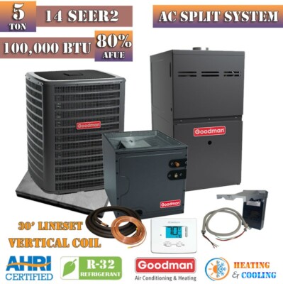 Goodman 5 Ton 14 SEER2 100K BTU 80% R32 AC & Upflow Gas Furnace Split System