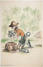 Beautiful Vintage Illustration Drawing of Photographer and Rabbit, Unsigned 1
