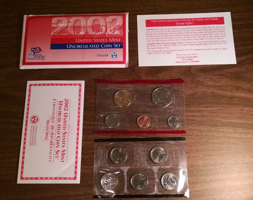 2002 US P and D Mint Sets Brilliant Uncirculated with Envelopes 20 Coin Set