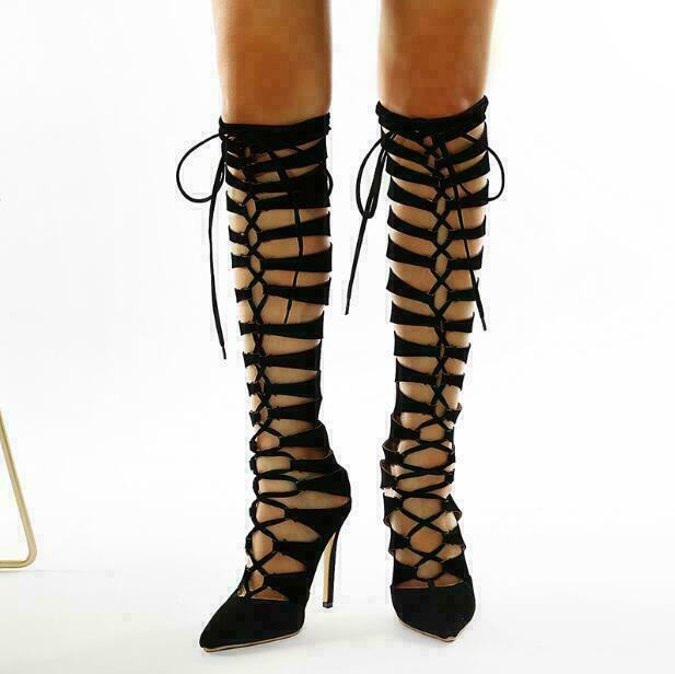 Womens Knee High Boots Sandals Pointed Hollow Lace Out Up St Toe Super beauty product restock New York Mall quality top