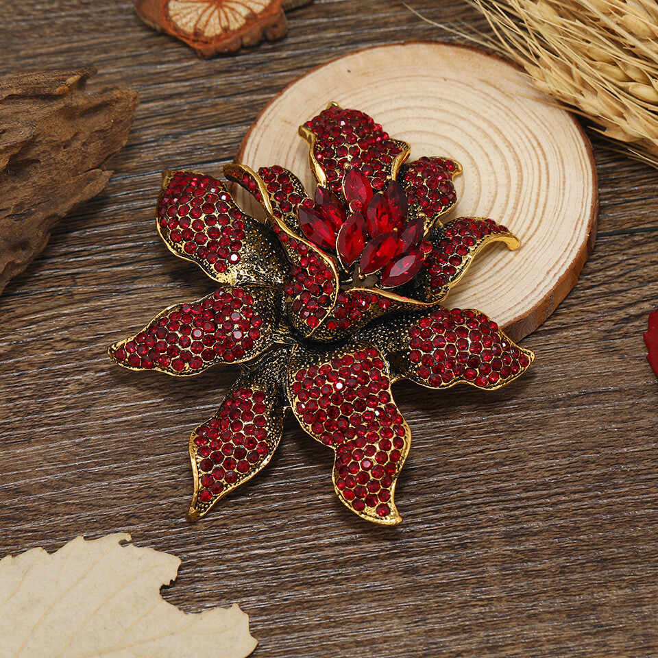 Women's Red Crystal Rhinestone Flower Brooch Pin Costume Jewelry