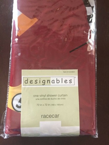 Designables Red Race CARS Theme Checkered Flag Racecar Vinyl Shower Curtain NEW - Picture 2 of 4