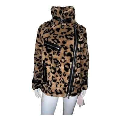 Avec Les Filles Womens Camel Black Leopard Faux Fur Coat Moto