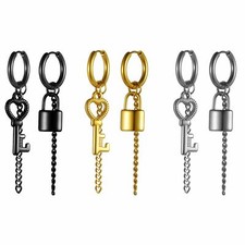 2-6pcs Lock Key Charm Dangle Hoop Huggie Earrings for Men Women Stainless Steel