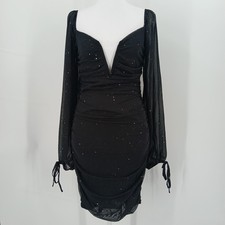 Bodycon Midi Dress Womens L Black Glitter Cocktail Party Club Aesthetic 