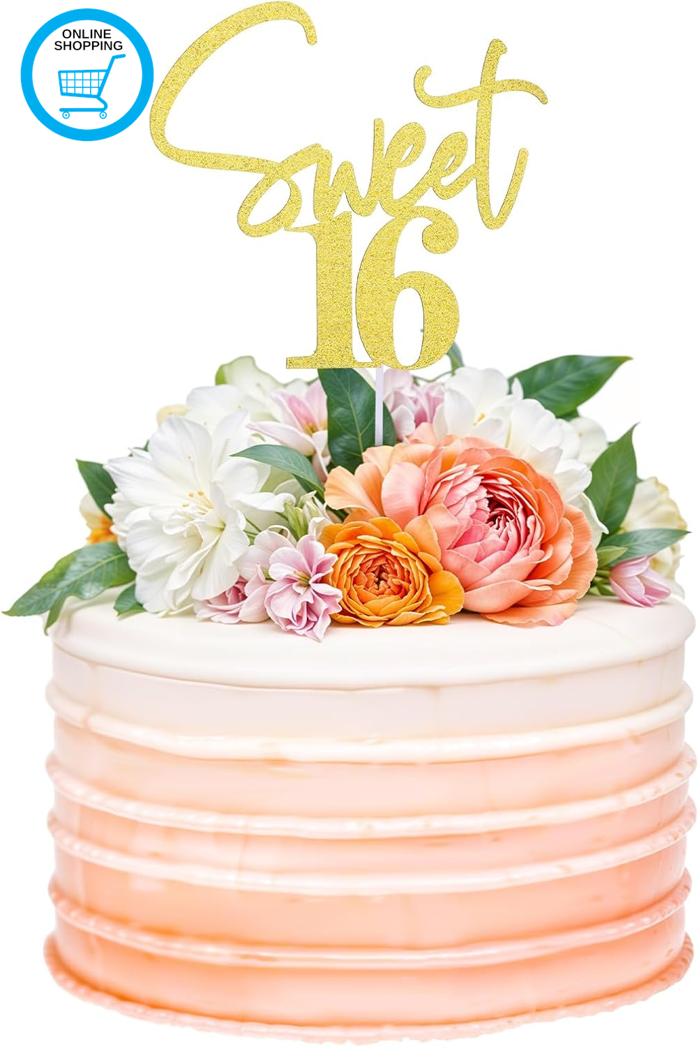 Sweet 16 Birthday Gold Glitter Cake Topper - Party Decoration for 16Th Birthday