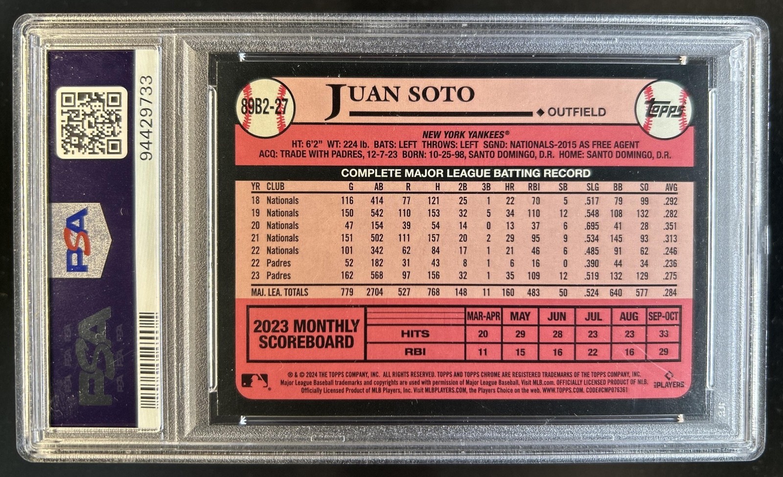 2024 Topps Juan Soto 1989 35th Anniversary Series Two Foil #89B2-27 PSA 9 view 2