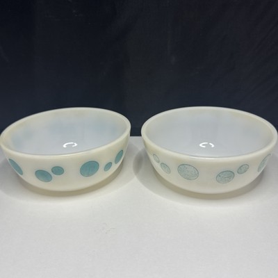 Small 5  Vintage Hazel Atlas Turquoise Polka Dots Mixing Nesting Bowl Set Of 2