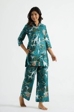 Women's Green White Printed Cotton Co-Ord Set Stylish 2-Piece Matching Outfit