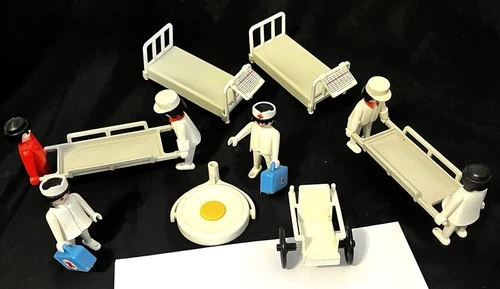 LOT Vintage 1977 PLAYMOBIL Hospital: 6 figures, 2 beds, 2 Stretchers, Wheelchair