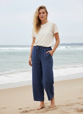 Victoria's Secret 100% Linen Flare Pants Size S Drawstring Waist Beachy Coastal