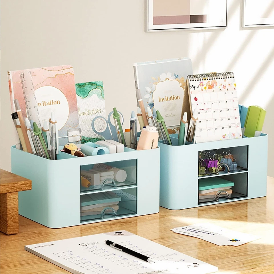 Schreibtisch Organizer mit 4 Fächern und 2 Schubladen – Büro Organizer für Stift - Bild 3 von 4