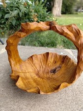 Large Hand Carved Wooden Basket Rustic Folk Art Root Wood Bowl w Handle 10"