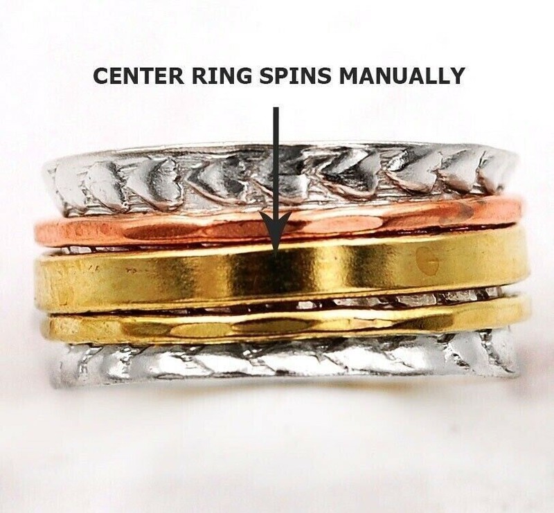Three Tone Meditation Spinner 925 Sterling Silver Band Ring Sz 7.5