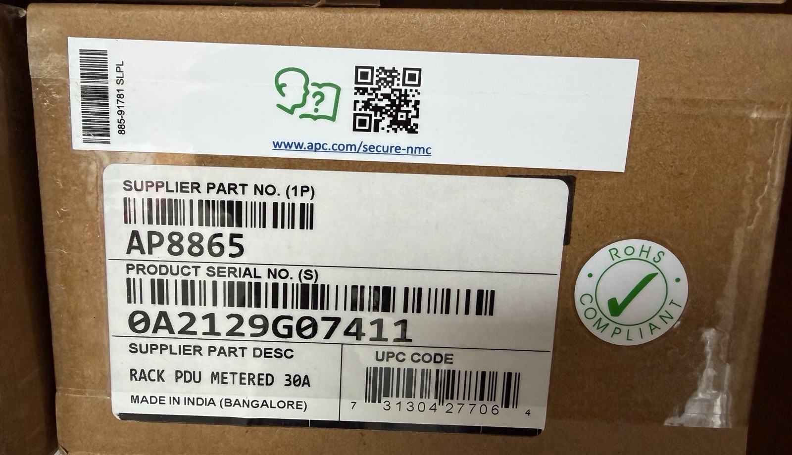 APC AP8865 METERED RACK PDU, 0U, 8.6kW, 208V, 30A, 36 C13, 6 C19, 5 NEMA 5-20R