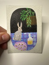 ACEO Art Card cozy cottage bunny rabbit deviled eggs easter  - Staskacrew