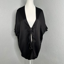 Victoria's Secret Kimono Robe Coverup Black Satin Ruffle Love OS