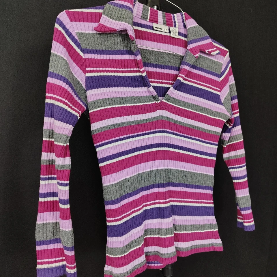 Camisa Polo Vintage Energie Para Mujer Y2K Rayas Talla L Púrpura Manga Larga Retro Foto 2 de 4