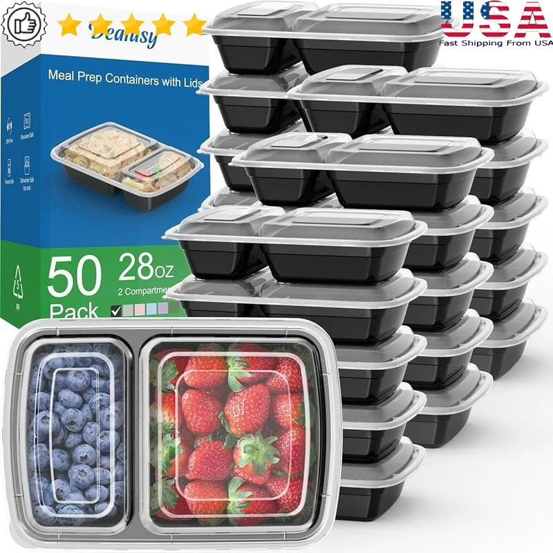 50 Pack Meal Prep Containers 28 oz 2 Compartment Sturdy Leakproof Microwave Safe