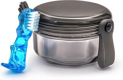 Leak Proof Denture Cups for Soaking Dentures with Strainer Basket and Brush,