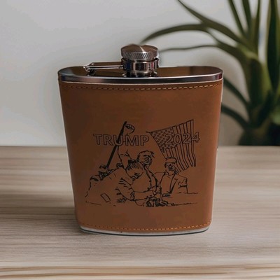 Trump 2024 Engraved Leather 18oz Stainless Steel Flask   Display Collectible