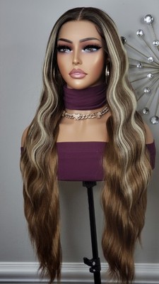 New Long Wavy Style Brown Blonde Highlights Lace Front Wig Womens Hair Wigs