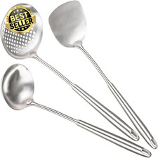 Stainless Steel Wok Spatula Set of 3, 17" Wok Tools: Spatula, Ladle, Skimmer