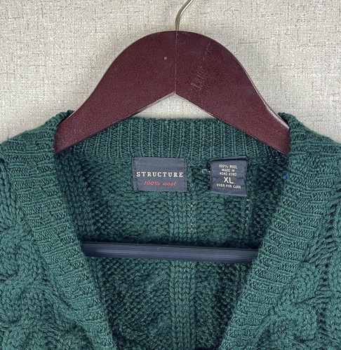 Vintage STRUCTURE wool cable knit fishermans sweater pine green chunky men XL 90 - Picture 5 of 9
