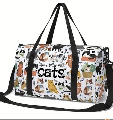 18 x10  Life Is Better With Cats Print Duffle Bag Weekender Bag Colorful Travel