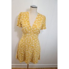 Lulus Yellow Dress Mini Linen Small Short Sleeve Floral (357)