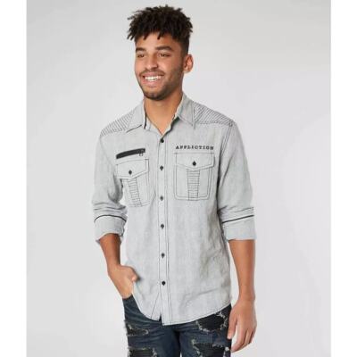 AFFLICTION Gray Long Sleeve Warfare Embroidered Biker Button Down Shirt Size XL