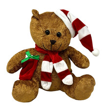 BEST MADE TOYS Christmas Teddy Bear 9" Brown Plush Candy Cane Scarf Cap Stocking
