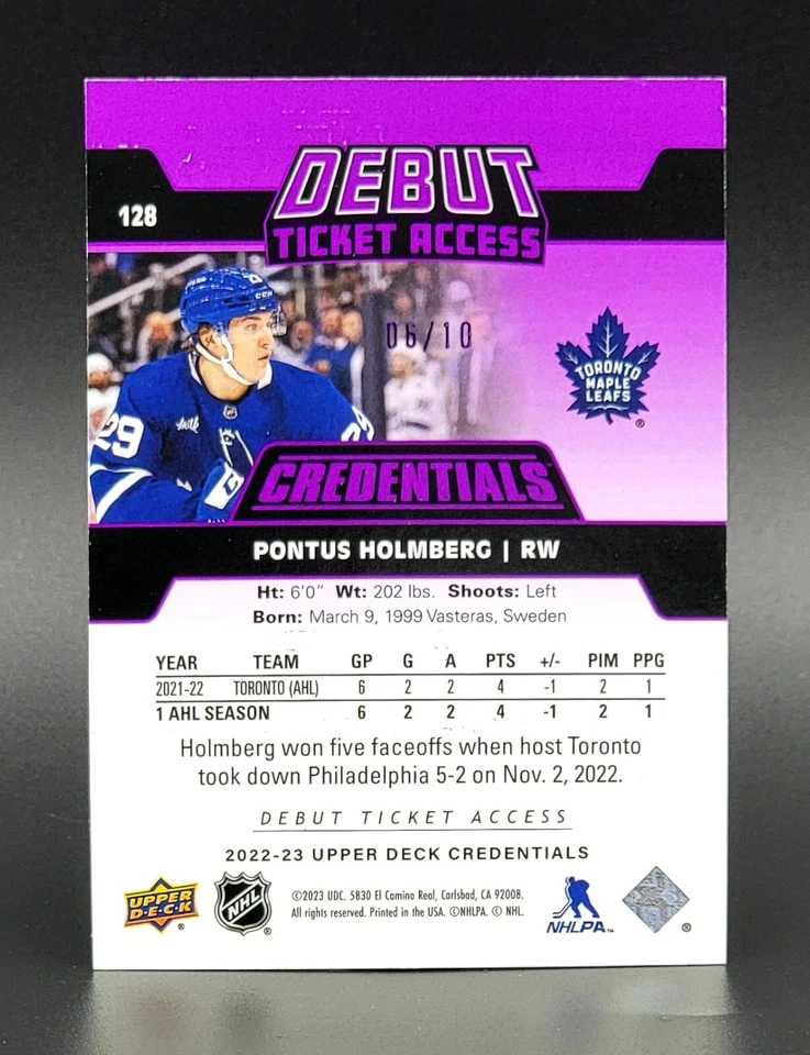 2022-23 Credentials Debut Ticket Access Purple #128 Pontus Holmberg 6/10 - Image 2 of 2