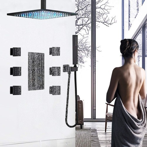 Matte Black Thermostatic Shower System set 12" LED Rain Massage Spray kit Mixer - Picture 2 of 12