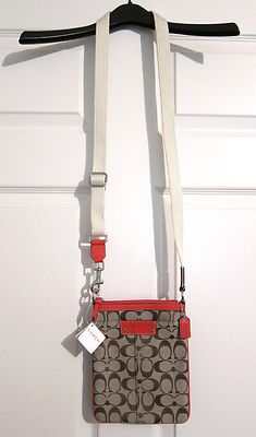 バッグ COACH handbag canvas leather signature COACH Signature Swingback Cross Body Handbag Purse. Khaki/Orange