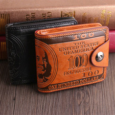Men's US " 100" Dollar Bill Printed Leather Bifold Wallet Cash Card Holder Purse