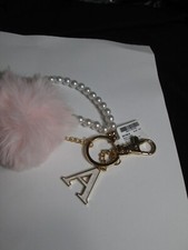 LETTER A INITIAL FAUX PEARL PINK POM POM BRACELET KEYCHAIN