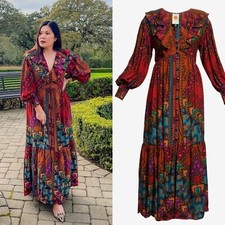 NWT_Farm Rio V-Neck Blouson-Sleeve Yawanawa Ruffle Maxi Dress Sz S_Run big_Boho