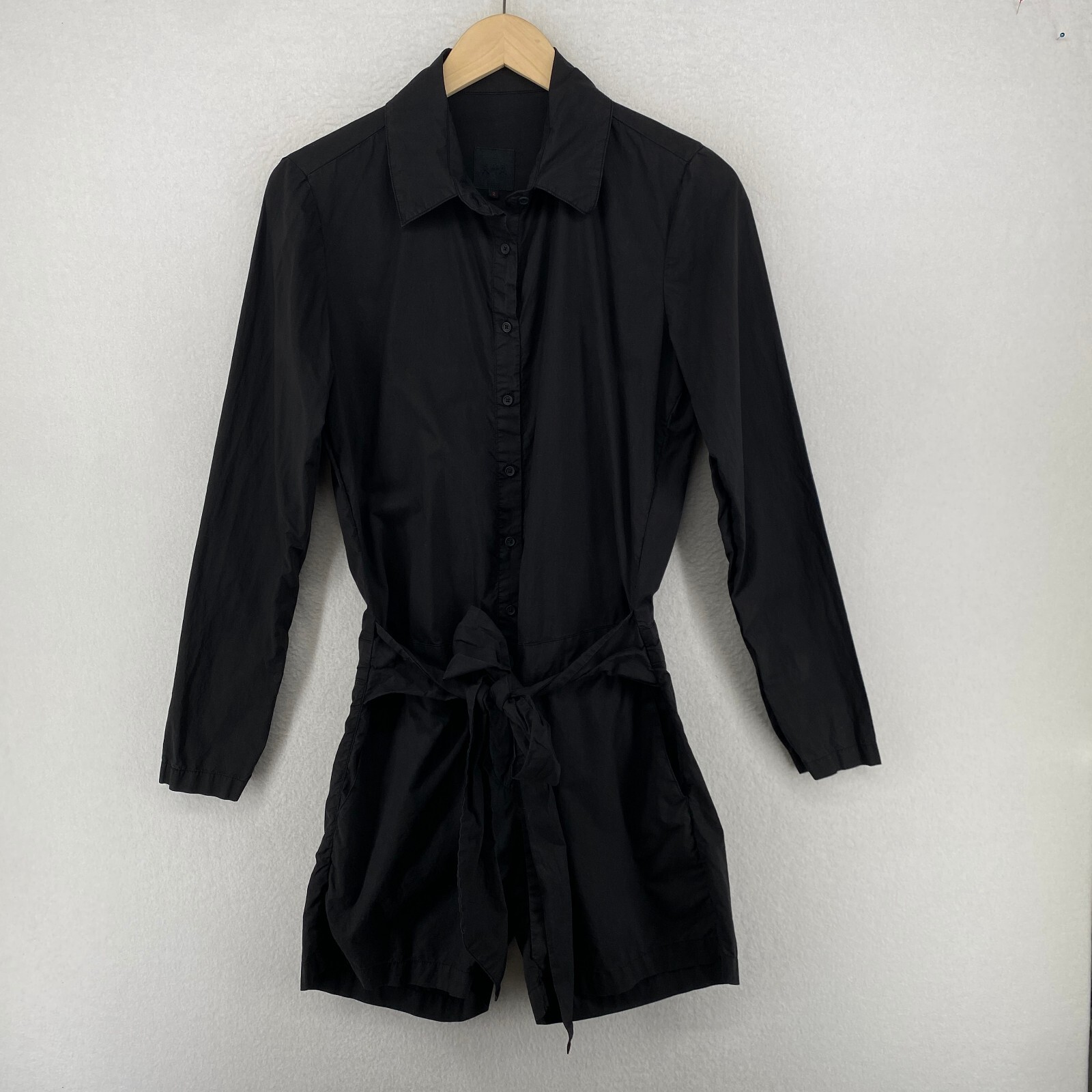 RTA Romper Women 2 Elodie Button Front Long Sleeve Tie Waist Cotton Black-image