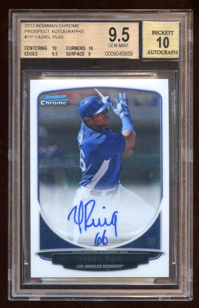 BGS 9.5 10 YASIEL PUIG 2013 BOWMAN CHROME RC AUTO SP 10 10 95 9 /10 AUTO DODGERS
