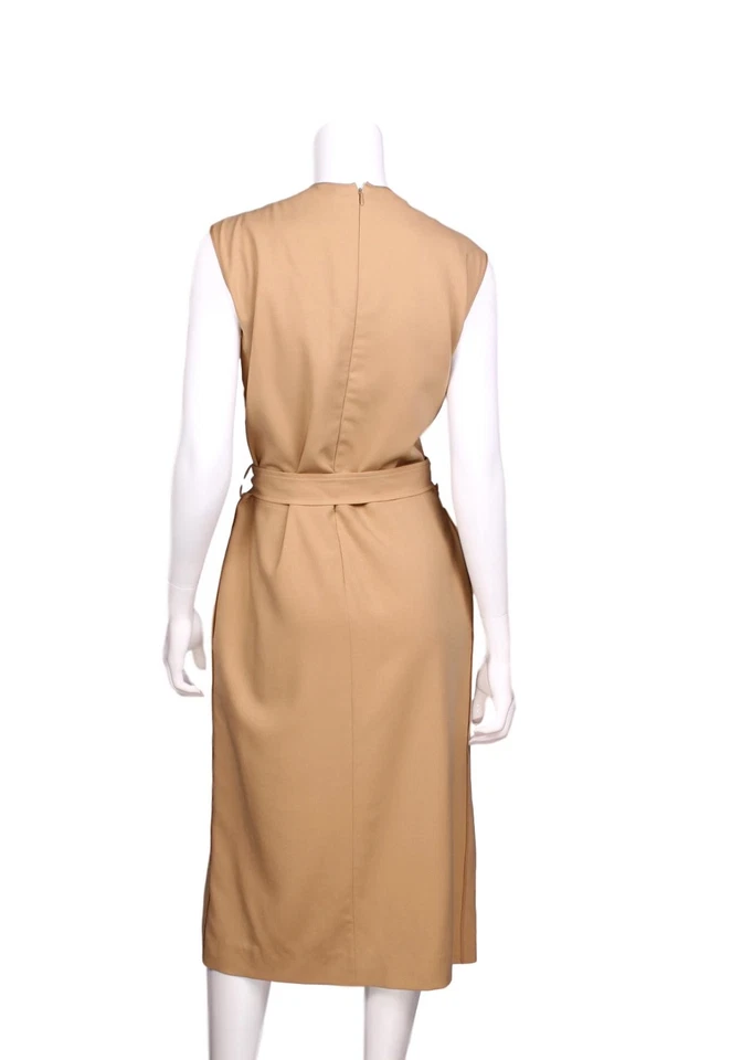 NUEVO CON ETIQUETAS NINA RICCI Vestido Midi Lana Beige Tostado Faja Corbata Cinturón Frontal Abertura - EE. UU. 10 Foto 3 de 4