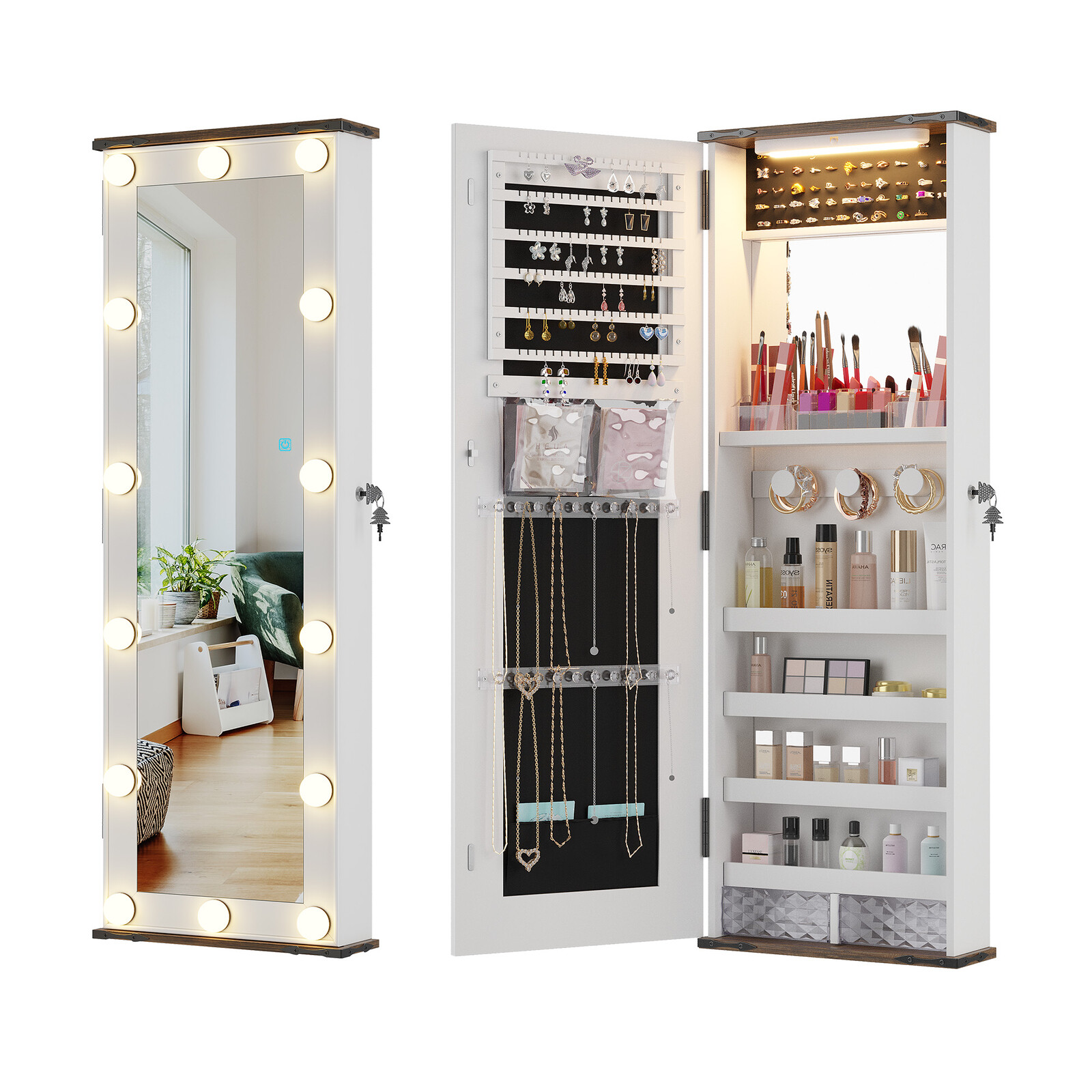 14 LED Mirror Jewelry Cabinet - Wall or Door Mounted Organizer with Lights