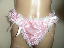 ABDL SISSY PINK SATIN FRILLY WHITE LACE TRIM THONG KNICKERS S/M BOWS