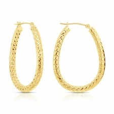 14K Real Solid Yellow Gold Alligator Diamond-Cut Large Oval Hoop Earrings 30mm