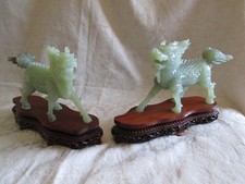 Antique pair of carved jade Kirin Kylin Chi-Qilin animal statues figurine